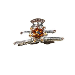 Alligator Clip Hair Barrette Orange Rhinestone Silver Tone Fancy Elegant Party